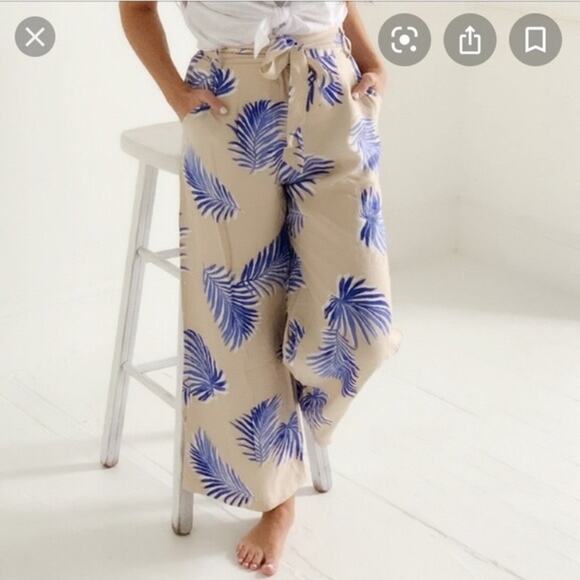 FRNCH Wide Leg Palm Leaf Pants, Crinkle, Taupe and Blue, Boho, High Rise Small - Picture 1 of 9